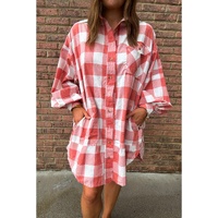 Pink Oversized Plaid Puff Sleeve Round Hem Shirt Dress - M thumbnail