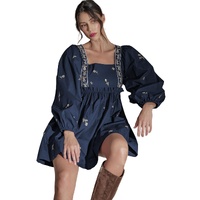 Blue Floral Embroidered Square Neck Puff Sleeve Ruffled Mini Dress - XL thumbnail