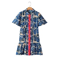 Beige Abstract Print Bubble Sleeve Button up Mini Dress - M thumbnail