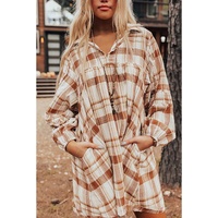 Brown Plaid Print Side Pockets Frilled Babydoll Mini Dress - S thumbnail