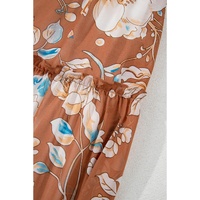 Brown Floral Print Shirred Square Neck High Waist Maxi Dress - L thumbnail