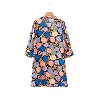 Navy Blue Hydrangea Floral Print Bishop Sleeve V Neck Shift Dress - L thumbnail