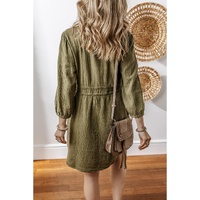 Jungle Green Textured Bracelet Sleeve Collared Button Up Dual Tied Mini Dress - S thumbnail