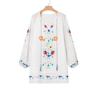 White Floral Print Boho Tassel Tie Split Neck Tucking Detail Puff Sleeve Mini Dress - S thumbnail