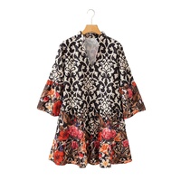 Black Retro Floral Mixed Print Split Neck A-line Dress - S thumbnail