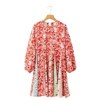 Red Colorful Floral Patchwork Long Sleeve Pleated Mini Dress - L thumbnail