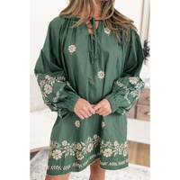 Mist Green Tie Neck Boho Floral Pattern Puff Sleeve Shift Dress - L thumbnail