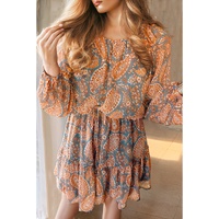 Orange Paisley Print Loose Fit Drawstring High Waist Mini Dress - L thumbnail