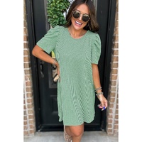 Mint Green Corded Knit Crew Neck Puff Sleeve Shift Mini Dress - L thumbnail