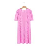 Bright Pink Corded Knit Crew Neck Puff Sleeve Shift Mini Dress - M thumbnail