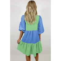 Dark Blue Colorblock Frilled V Neck Puff Half Sleeve Shift Dress - M thumbnail