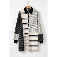 Black Stripe Colorblock Knit Henley Collar Shift Long Sleeve Mini Dress - M thumbnail