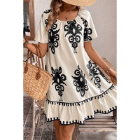 Apricot Western Print Ruffled Short Sleeve Loose Dress - L thumbnail