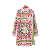Multicolour Boho Floral Print Buttoned Long Sleeve Shirt Dress - S thumbnail