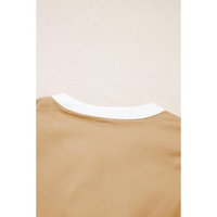 Pale Khaki Contrast Trim Pintuck Puff Sleeve Tied Neck Short Dress - L thumbnail
