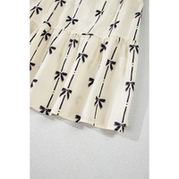 Beige Cute Bowknot Printed Bubble Sleeve V Neck Mini Dress - L thumbnail
