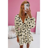 Beige Polka Dot Printed Surplice V Neck Puff Sleeve Mini Dress - M thumbnail