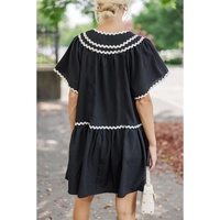 Black Contrast Ricrac Trim Short Sleeve V Neck Loose Mini Dress - XL thumbnail