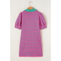 Azura Exchange Pink Stripe Collared V Neck Puff Sleeve T Shirt Dress - L thumbnail