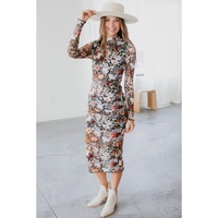 Brown Floral Allover Print Mock Neck Bodycon Long Sleeve Midi Dress - L thumbnail