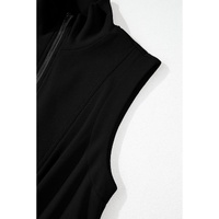 Black French Terry Zipped Collar Sleeveless Drawstring Waist Mini Dress - S thumbnail