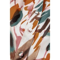 Brown Abstract Printed Puff Sleeve Button Up Braided Belt Mini Dress - L thumbnail