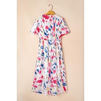 Rose Abstract Print Short Puff Sleeve Tiered Maxi Dress - M thumbnail
