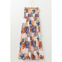 Orange Floral Patchwork Printed Frilled Bandeau Smocked High Waist Long Dress - XL thumbnail