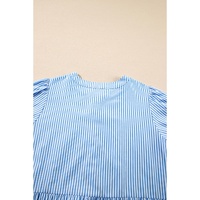 Sky Blue Stripe Bubble Short Sleeve Tiered Scallop Long Dress - L thumbnail