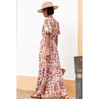 Red Floral Short Sleeve V Neck High Waist Maxi Dress - L thumbnail