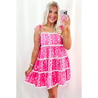 Pink Floral Print Ric Rac Patched Sleeveless Mini Dress - L thumbnail