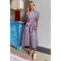 Pink Floral Shirred Puff Sleeve Buttoned Front Midi Dress with Sash - L thumbnail