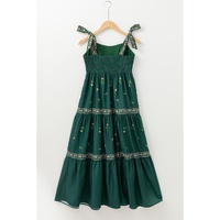 Blackish Green Floral Smocked Back Tied Straps Tiered Maxi Dress - L thumbnail