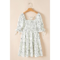 Beige Floral Print Square Neck Shirred Back Puff Sleeve Mini Dress - L thumbnail