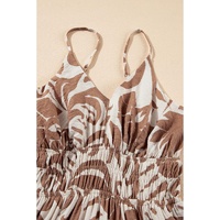 Khaki Floral Shirred High Waist Spaghetti Straps Maxi Dress - L thumbnail