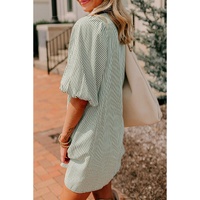 Green Patch Pockets Button Down Short Puff Sleeve Dress - M thumbnail