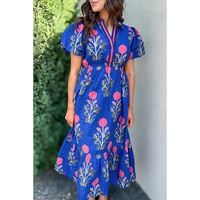 Sky Blue Floral Puff Short Sleeve V Neck High Waist Maxi Dress - L thumbnail