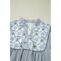 Black Stripe Floral Patchwork Tied V Neck Shift Long Sleeve Mini Dress - XL thumbnail