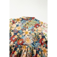 Multicolour Boho Floral Print Crochet Patchwork V Neck Loose Mini Dress - XL thumbnail