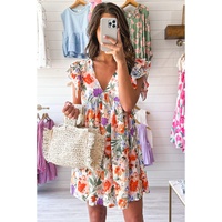 Pink Floral Double Ruffle Sleeve V Neck High Waist Mini Dress - L thumbnail