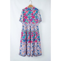 Sky Blue Mixed Floral Print Tie Split Neck Short Sleeve Dress - S thumbnail
