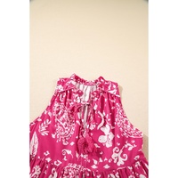 Rose Floral Sleeveless Tasseled Lace-up Neck Tiered Midi Dress - L thumbnail