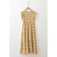 Yellow Boho Floral Print Ruffle Smocked Flowy Summer Dress - S thumbnail