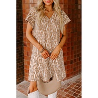 Khaki Abstract Print V Neck Short Sleeve Shift T Shirt Dress - L thumbnail