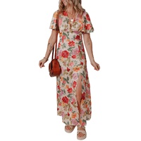 Multicolour Vintage Floral V Neck Short Sleeve Tie Back Long Slit Dress - L thumbnail