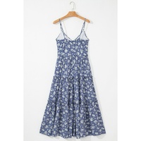Blue Floral Spaghetti Strap Frilled V Neck Tiered Midi Dress - L thumbnail