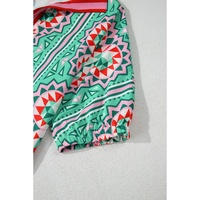 Mint Green Geometric Butterfly Print Split Neck Short Sleeve Dress - L thumbnail