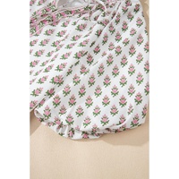 Pink Floral Print Bubble Sleeve Neck Tie Ruffled Dress - L thumbnail