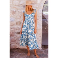 Sky Blue Floral U Neck Flutter Shoulder Tiered Flowy Midi Dress - M thumbnail