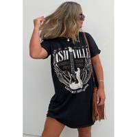 Black Nashville Guitar Print Crew Neck T Shirt Mini Dress - S thumbnail